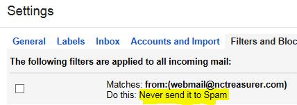 Tip: To try to prevent our emails from being blocked, you can add webmail@nctreasurer.