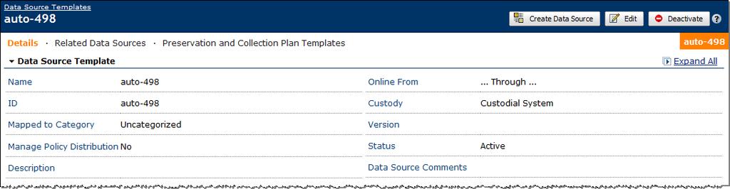 When you click on a Template name, you re taken to its Details page, which looks much like the Details page for a real Data Source.