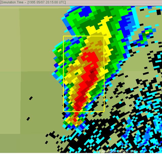 The two objects in (a) have merged into a single one because the reflectivity within the northern storm has weakened.