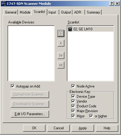 LM10 AND ALLEN-BRADLEY SLC500 VIA DEVICENET CHAPTER A: FIGURE A 7: Scanner Module Scanlist Click on Scanlist tab.