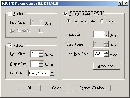 Double-click on LM10-1 icon to edit the input/output parameters. Select Polled and add 1 byte for the Input Size and Output Size.