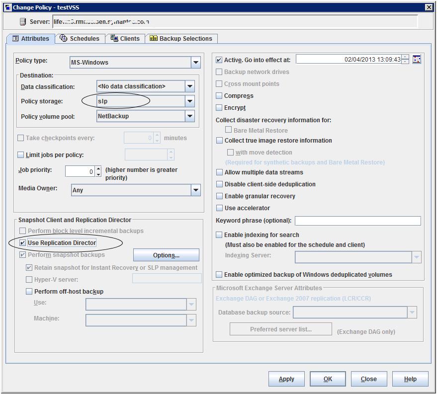Configuring backup policies for snapshots and snapshot replication About Oracle support for Replication Director 147 Figure 10-4 MS-Windows policy configuration to use VSS with Replication Director