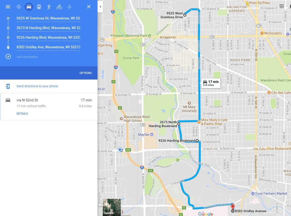 The Map Driving Directions box will appear; to map your route, click the VIEW IN GOOGLE MAPS button. This will open a new browser window, routing you to Google Maps.