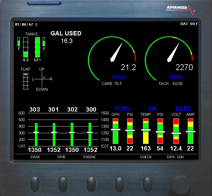 Engine Monitor Display The system can display the engine monitor on the bottom of the main EFIS page or as a full Engine page if the system has one of the following: 1.
