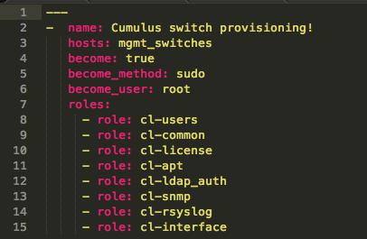 Implemented roles cl-users: Creates users and adds sshkeys cl-common Sets common settings: DNS resolvers, NTP server, Timezone and hostname cl-license Sets and activates Cumulus licence cl-apt Set