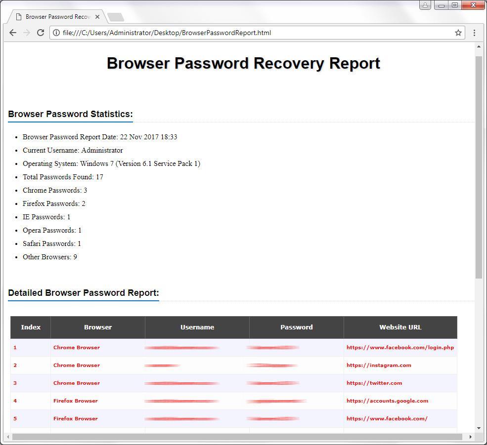 Browser Password Report Generation Browser Password Recovery Pro helps you to generate detailed report in both HTML & CSV format.