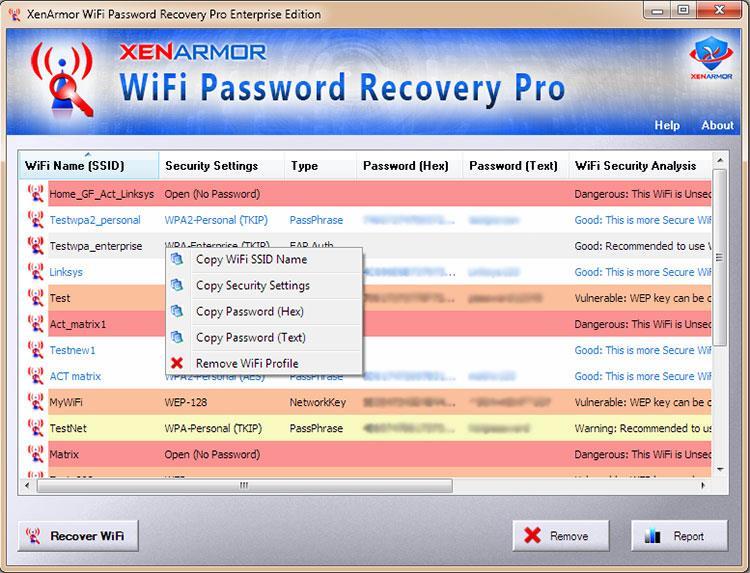 Wi-Fi Security Analysis Enterprise Edition of WiFiPasswordRecoveryPro also performs detailed security analysis of each recovered Wi-Fi profile and classifies them as Dangerous, Vulnerable, Warning,