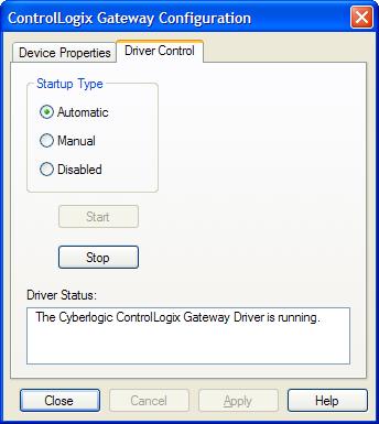 Refer to Appendix A: CIP Paths for information on CIP path syntax. Driver Control Tab The Driver Control tab allows you to select the startup type and monitor the current driver status.