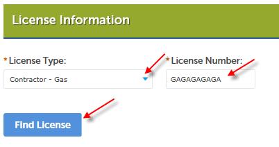 Select an appropriate license type for a permit type you will be pulling, and enter the license number and click Find License.