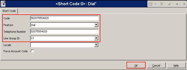 Set the Code and Telephone Number according to the implementation, set Feature to Dial, and set the Line Group ID