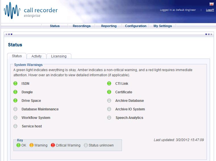 Log in to the Xarios Call Recorder using a web browser and select the Status tab which