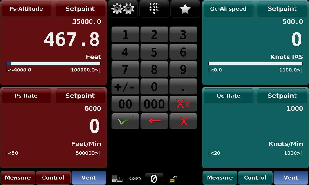 Main Screen The main screen altitude, altitude rate, airspeed, airspeed rate, setpoint entry Ps Altitude button: Provides quick access to the setup parameters of the Ps-Altitude Channel including