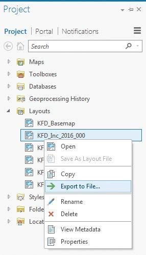 After copying and pasting the KFD_ Basemap layout, open it, change its title, and change the visible layers to reflect the title. Export the finalized layouts as PDF files with embedded fonts.
