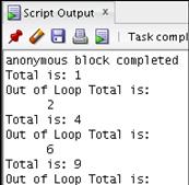 PL/SQL CONTINUE Statement: Example 1 DECLARE v_total SIMPLE_INTEGER := 0; BEGIN FOR i IN 1..10 LOOP 1 v_total := v_total + i; dbms_output.
