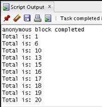 PL/SQL CONTINUE Statement: Example 2 DECLARE v_total NUMBER := 0; BEGIN <<BeforeTopLoop>> FOR i IN 1..10 LOOP v_total := v_total + 1; dbms_output.put_line ('Total is: ' v_total); FOR j IN 1.