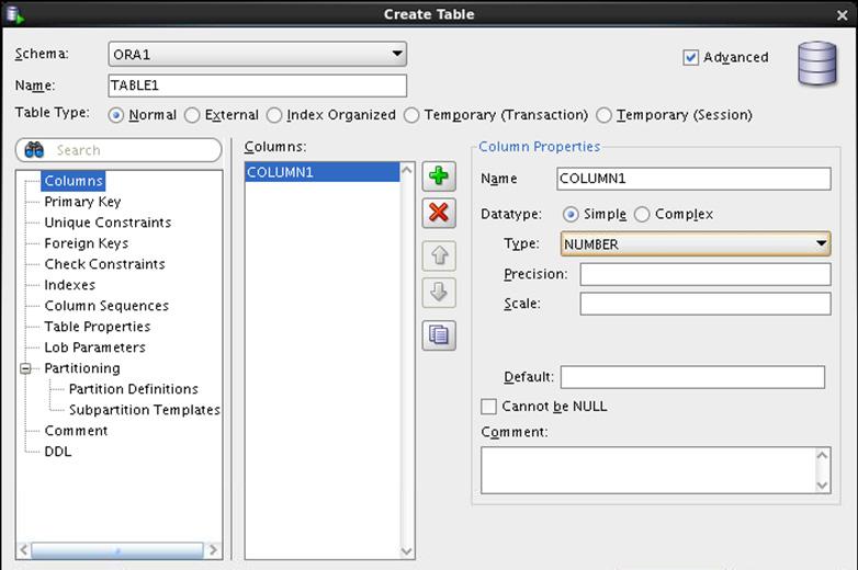 Creating a New Table: Example In the Create Table dialog box, if you do not select the Advanced check box, you can create a table quickly by specifying columns and some frequently-used features.