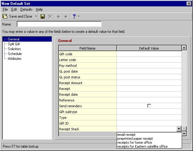 R ECEIPTING USING MULTIPLE RECEIPT STACKS 39 Gift Default Set You can include the Receipt Stack on a Gift Default Set to automatically fill in the Receipt Stack field on a gift record when you select