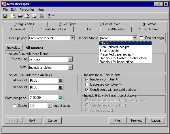 R ECEIPTING USING MULTIPLE RECEIPT STACKS 45 If you enter Receipt Stack information on the gift record, use the Receipt Stack field on the General tab of the Receipts mail task in Mail to select the
