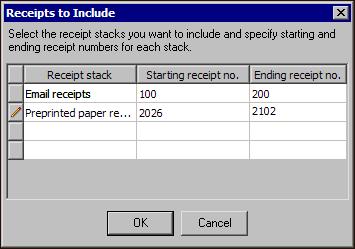46 CHAPTER 3 Include Gifts with Receipt Stacks If you enter receipt stack information on the gift record, in the Include Gifts with these receipt stacks frame on the General tab of Receipts, we