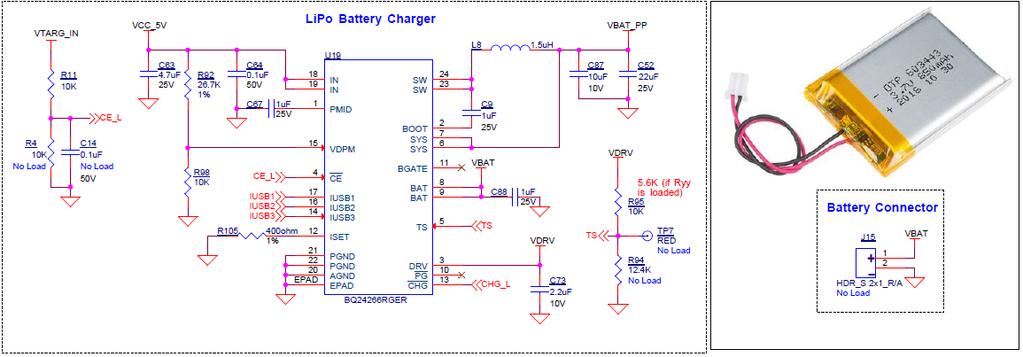 A.3.6 LiPo Battery Charger Battery connector (J15) for lithium-ion polymer battery charger is not loaded by default; this need to be populated to evaluate battery charging and battery powering option.