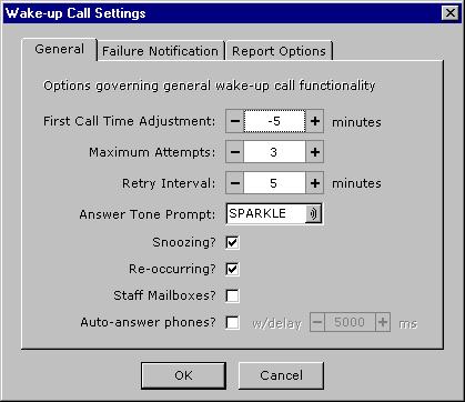 The Wake-up Call Settings window is divided into three tabs, as shown in the following table. To change tabs, click a different tab at the top of the window.