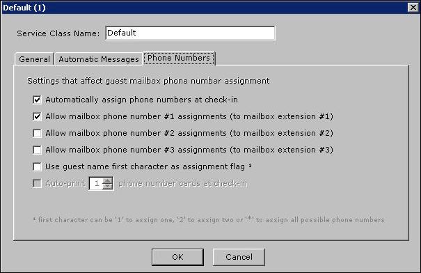 The options in the Phone Numbers tab of the Service Class window are explained in more detail in the following table.