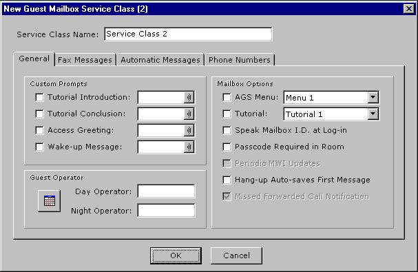 3. Enter settings in the window as needed. Change the Service Class Name if needed. Note that the Custom Prompts and Automatic Messages fields are blank.