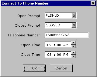 The [Connect To Phone Number] guest service requires additional programming. Double-clicking on this service, once assigned to the Guest Services menu, will make the following window appear.