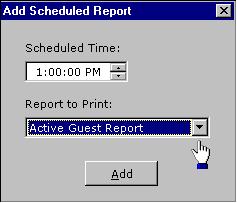 Programming reports to generate automatically 1. If you want reports to be generated automatically, click the Add button in the Report Settings window, which is shown in the previous illustration.