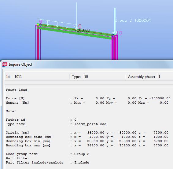 2. Right-click and select Inquire from the pop-up menu. Tekla Structures shows the load group and the magnitude in the model view and highlights the parts that carry the load.