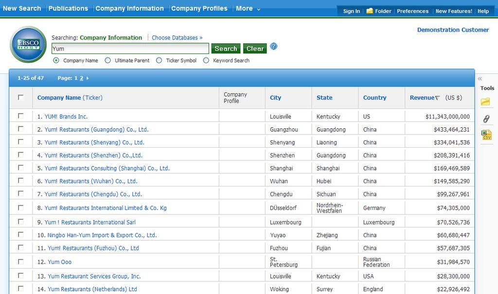 Company Information Result List The Company Information result list is sorted by Revenue (descending) by default.