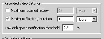 2 Enter Recorded Video Settings In the Recorded Video Settings field, set: Maximum retained history - Enter a 1 value from 1 to 999 and then select Days or Weeks from the drop-down menu.
