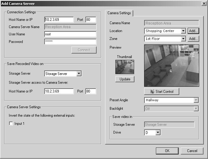 Using the Add Camera Server Dialog Set up camera position and saved video The Add Camera Server dialog allows you to set a camera thumbnail image for the Viewer and to choose a Storage Server for