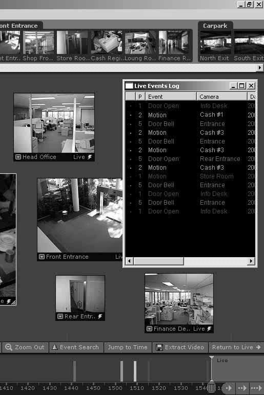 Camera Selection Area Thumbnail representations of cameras can be dragged onto the Viewing Area for viewing. Video Window menu Select preset camera angles as well as custom pan, tilt and zoom.