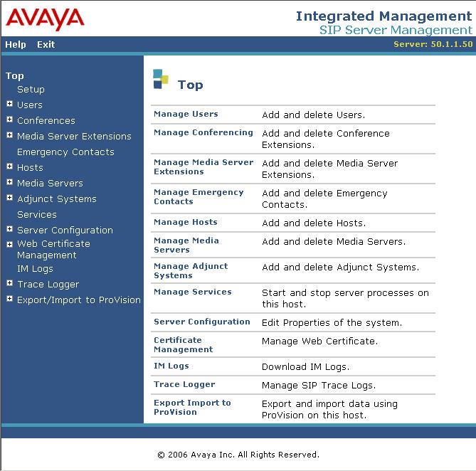 2. The Avaya SES Administration Home Page