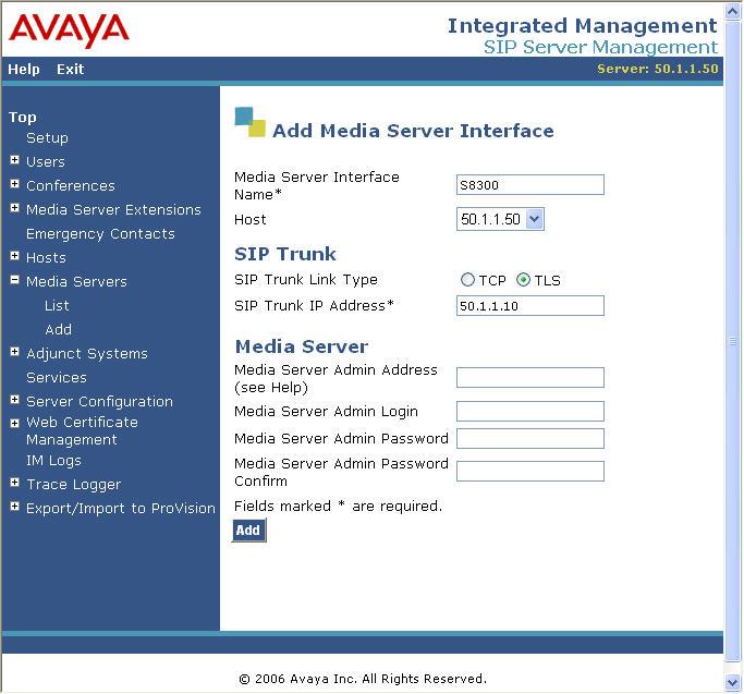 6. From the left pane of the administration web interface, expand the Media Servers option and select Add to add the Avaya Media Server to the list of media servers known to Avaya SES.