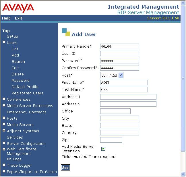 7. A user must be added on Avaya SES for each of the extensions at the branch office created on Avaya Communication Manager in Section 3, Steps 12-16. From the left pane, navigate to Users Add.