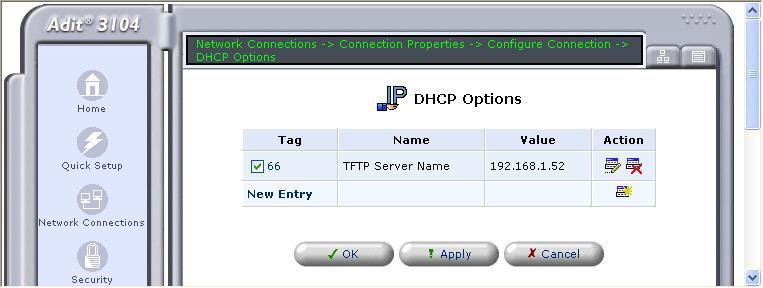 8. The newly selected option is displayed in the DHCP Options table. Click OK.
