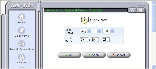 In the Clock Set screen, select the Local Date from the pull-down menus.
