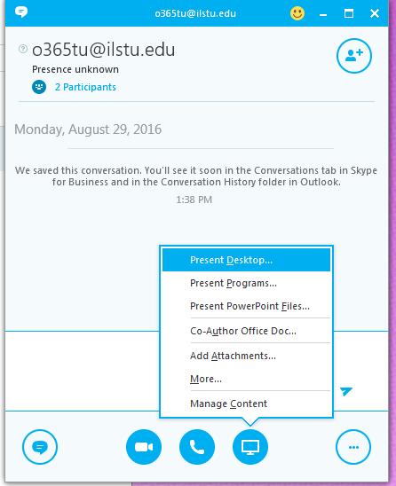 If you use multiple monitors, Skype will prompt you to choose which one or both to present. b. If you want to present one or more programs, then select the option Present Programs.