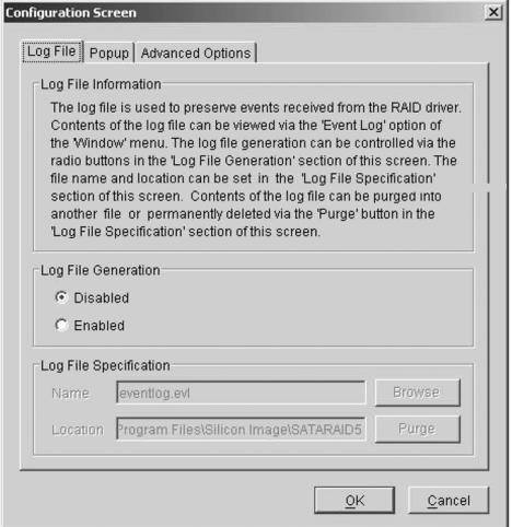 Configuration SATARAID5 configuration options include customization of the settings for Log File, Popup, and Advanced Options.