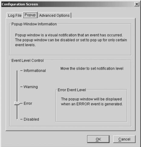 Popup Tab SATARAID5 can be configured to notify the user of events using messages in popup windows.
