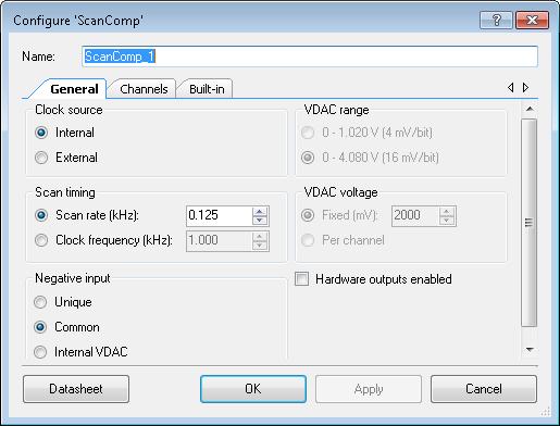 Scanning Comparator Component Parameters Drag a Scanning Comparator onto your design and double click it to open the Configure dialog. This dialog has the following tabs with different parameters.