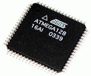 ATmega128 8-bit microcontroller with high performance, low power consumption. Advanced RISC architecture with 16MIPS performance at 16MHz. 133 instruction set.