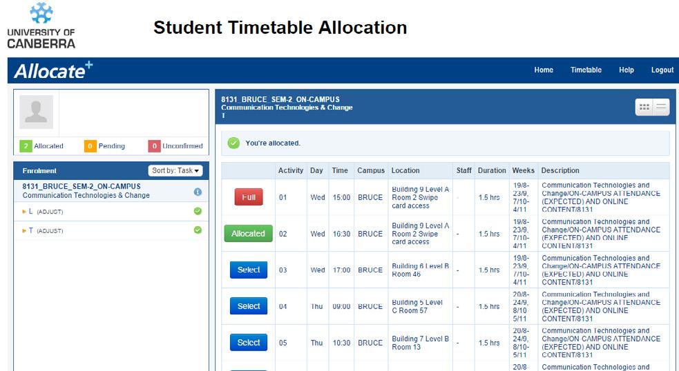 Your current enrolment details are shown along the left-hand side of the screen. Each subject should show a number of activity groups (lectures, tutorials, etc.).