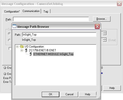 5. After downloading the program to the ControlLogix PLC, the current job should be able to be changed with RSLogix by using the InSight_JobName and the InSight_TriggerSetJob controller tags: