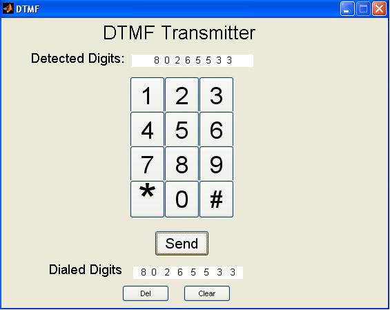 Figure 6 shows the GUI Figure 6 DTMF GUI By clicking on the keypad you can select the digits you want to be sent. Click on the Send button to transmit the selected digits to the DSK.