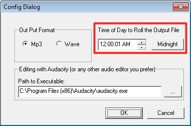 In the configuration dialog, select the hour of the day you wish to roll the sound file: (this setting assumes you have a computer that is on and connected to a radio's external speaker 24 hours a