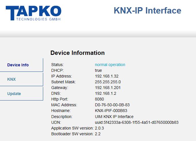 7.2 DEVICE INFO If the UIMip has been working in Normal Mode, the Device Info tab is the first tab you might see when you reach the Web front-end.