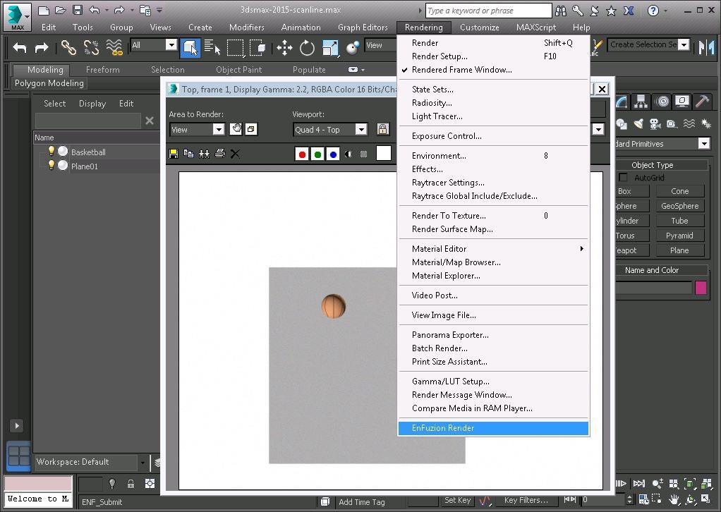 render options for the scene Open the Rendering menu and choose EnFuzion3D Render, as shown in Figure 4-